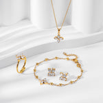 Smykkesett Dame 18K gullbelagt - Firkløver med Edelstener Halskjede Armbånd Øredobber Ring