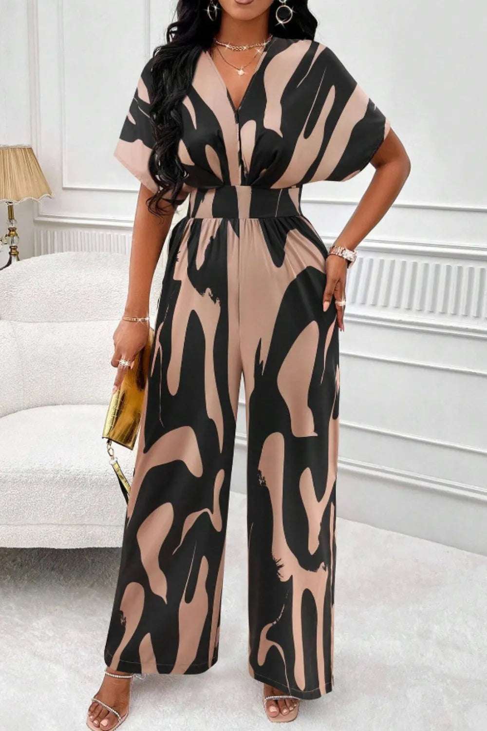 V-hals Jumpsuit Dame – Elegant Helkroppsprint med Vide Ermer