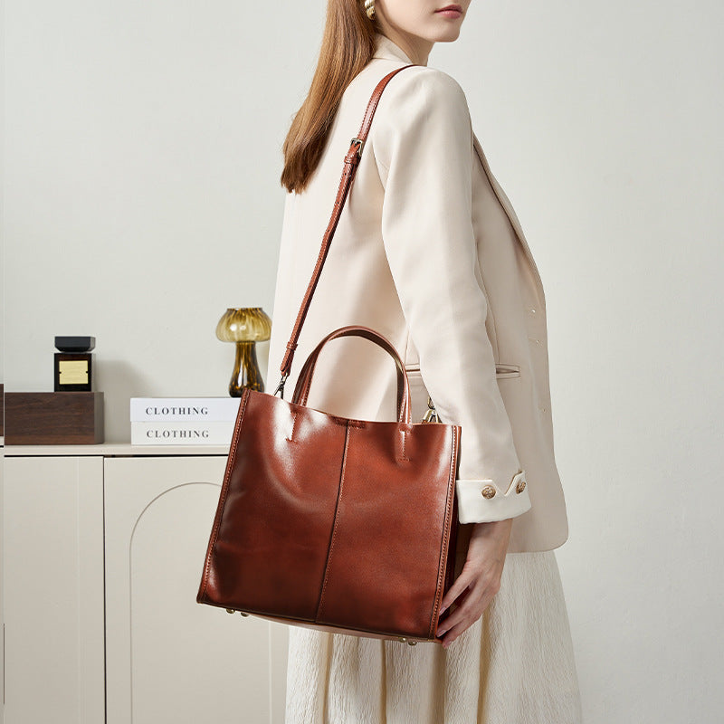 Tote Bag Dame Ekte Skinn - Vegetabilsk Garvet Lær Stor Kapasitet