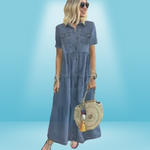 Lång jeansklänning för kvinnor – knappar, distressed look, vår-sommar