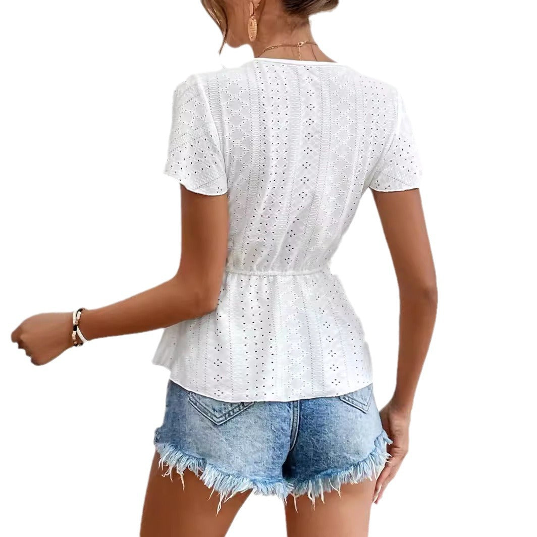 2025 Cross-border Foreign Trade Amazon Summer New Flying Sleeve Lace Stitching V-neck Hollow Jacquard Pullover Top