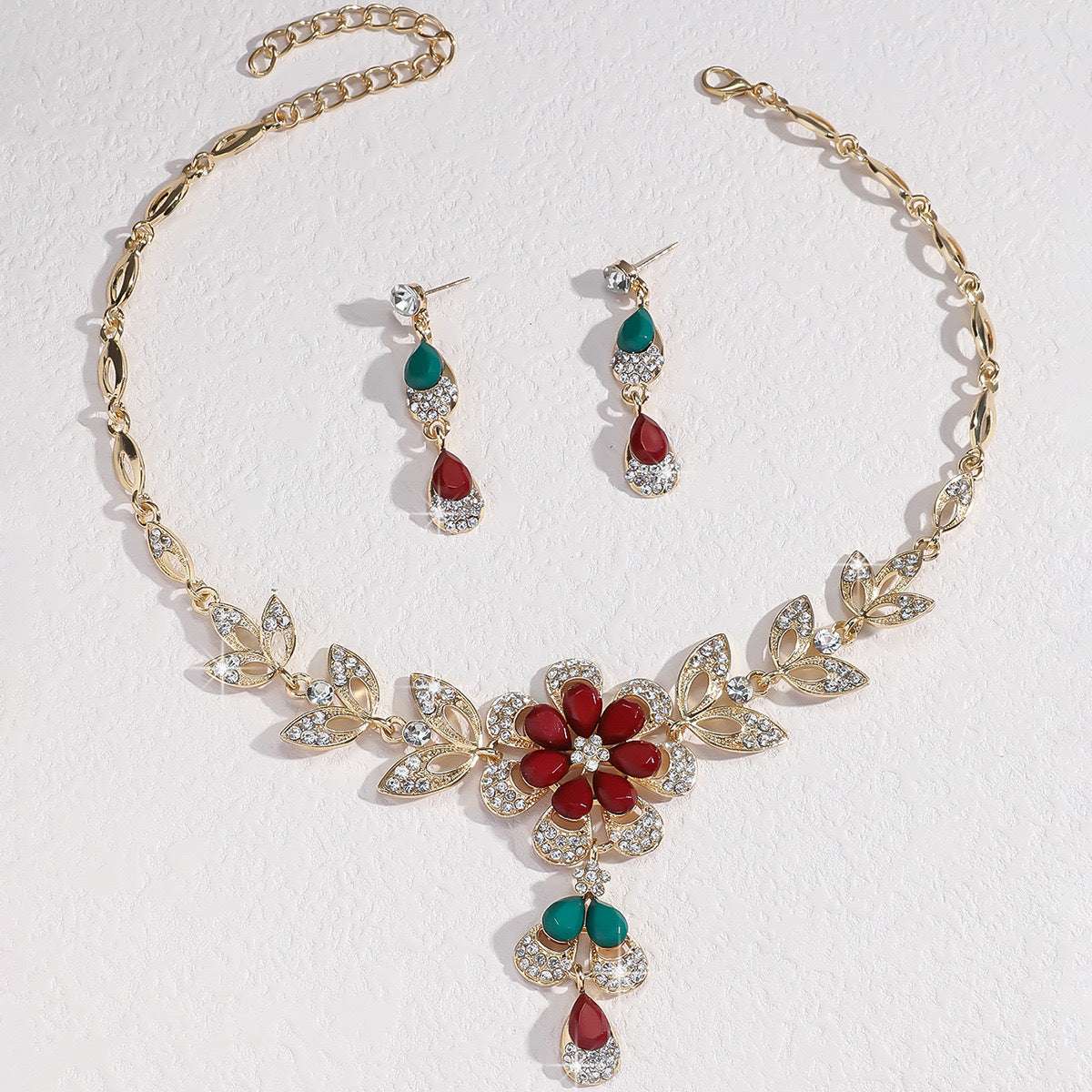 Luksus Smykkesett - Dråpeformet Blomster Halskjede og Øredobber Golden + Mixed Color