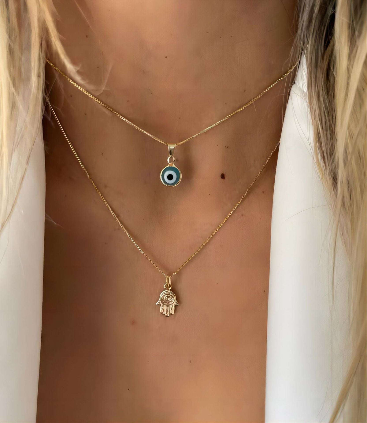 Elegant Flerlags Halskjede i Gull - Minimalistisk Smykke for Kvinner 5925201HB (Eco-friendly Devil's Eye Palm Necklace 2-piece set)