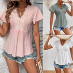 2025 Cross-border Foreign Trade Amazon Summer New Flying Sleeve Lace Stitching V-neck Hollow Jacquard Pullover Top