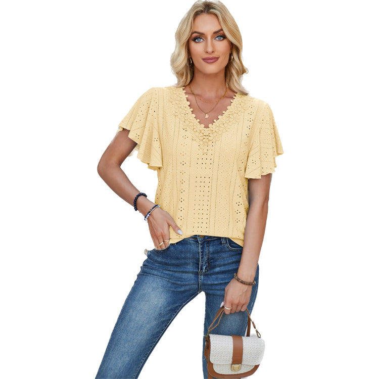 Blonde T-skjorte Dame med V-hals og Volanger 