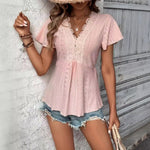 2025 Cross-border Foreign Trade Amazon Summer New Flying Sleeve Lace Stitching V-neck Hollow Jacquard Pullover Top