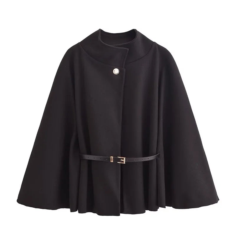 MUJER poncho dame med belte – svart capejakke vinter 2025 | Elegant ytterplagg