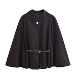 MUJER poncho dame med belte – svart capejakke vinter 2025 | Elegant ytterplagg