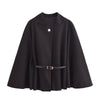 MUJER poncho dame med belte – svart capejakke vinter 2025 | Elegant ytterplagg