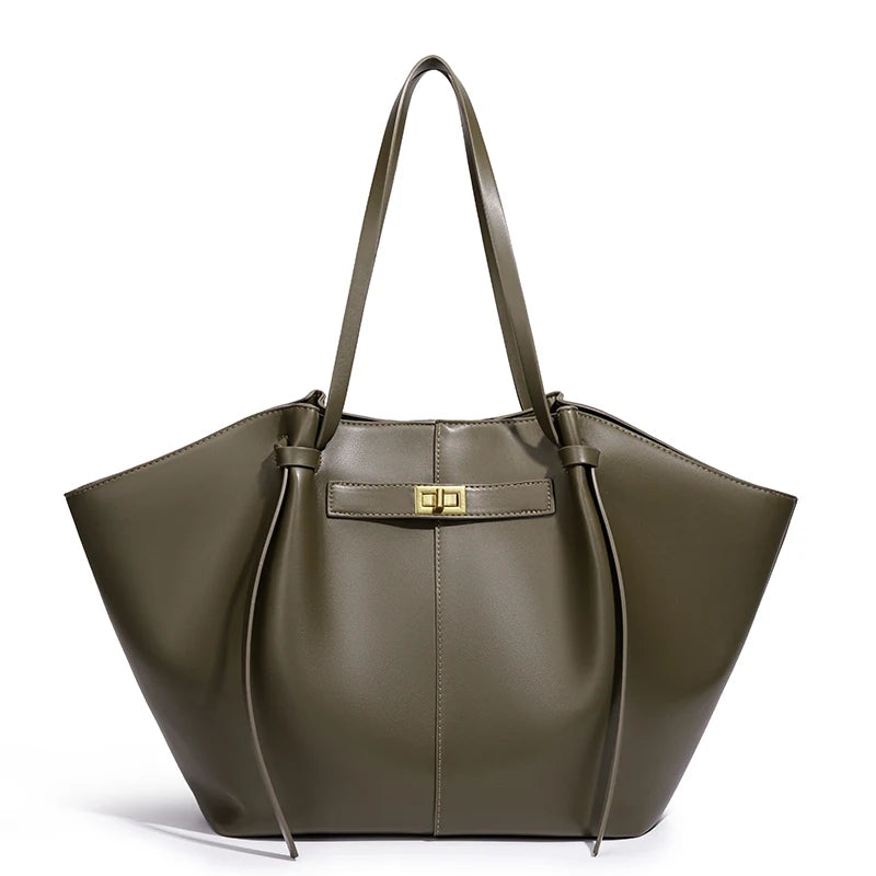 Stor skulderveske dame – Lett tote bag med lås | Unik design army green Large(Max Length>50cm)