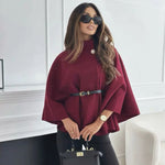 MUJER poncho dame med belte – svart capejakke vinter 2025 | Elegant ytterplagg