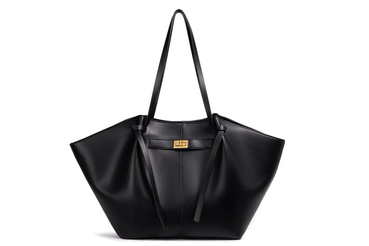 Stor skulderveske dame – Lett tote bag med lås | Unik design black Large(Max Length>50cm)