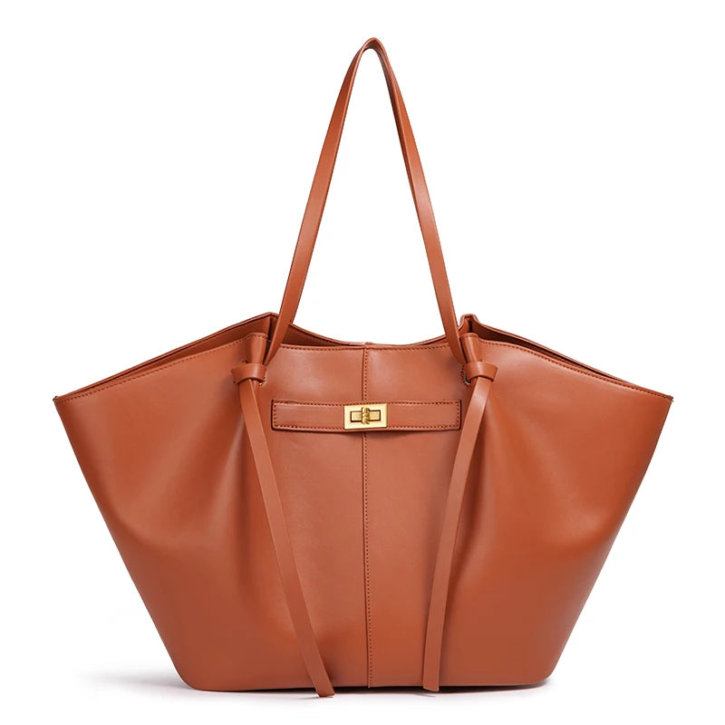 Stor skulderveske dame – Lett tote bag med lås | Unik design light brown Large(Max Length>50cm)