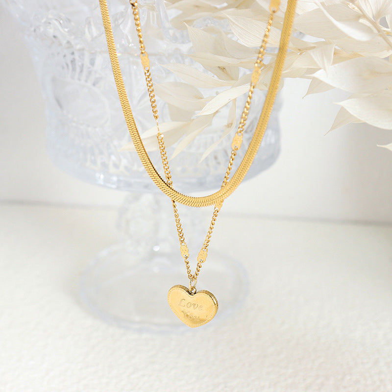 Halskjede Dame 18K gullbelagt- LOVE YOU Hjerte med Blade Chain Design