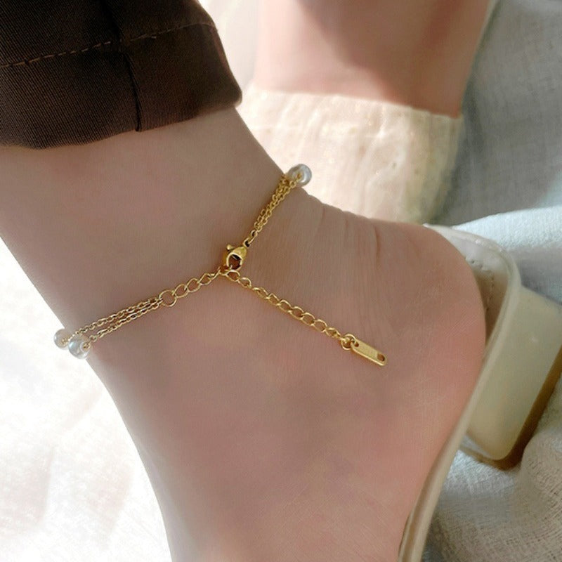 Ankelsmykke Dame - Dobbelt Lag Perle Sommerfugl Skjell Design