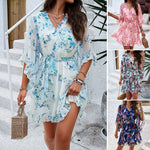 Summer Floral Print Short Sleeves Dress Lace Up Ruffles Design Fashion V-neck Short Dresses Womens Clothing - Trendyglobal 