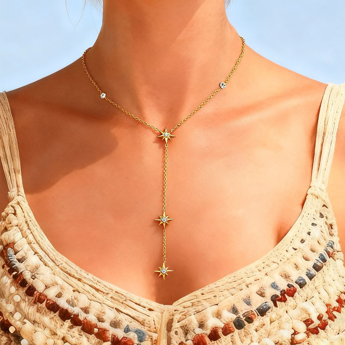 18K Gullbelagt Stjernehalskjede med Diamanter - Åttepunkts Stjerne