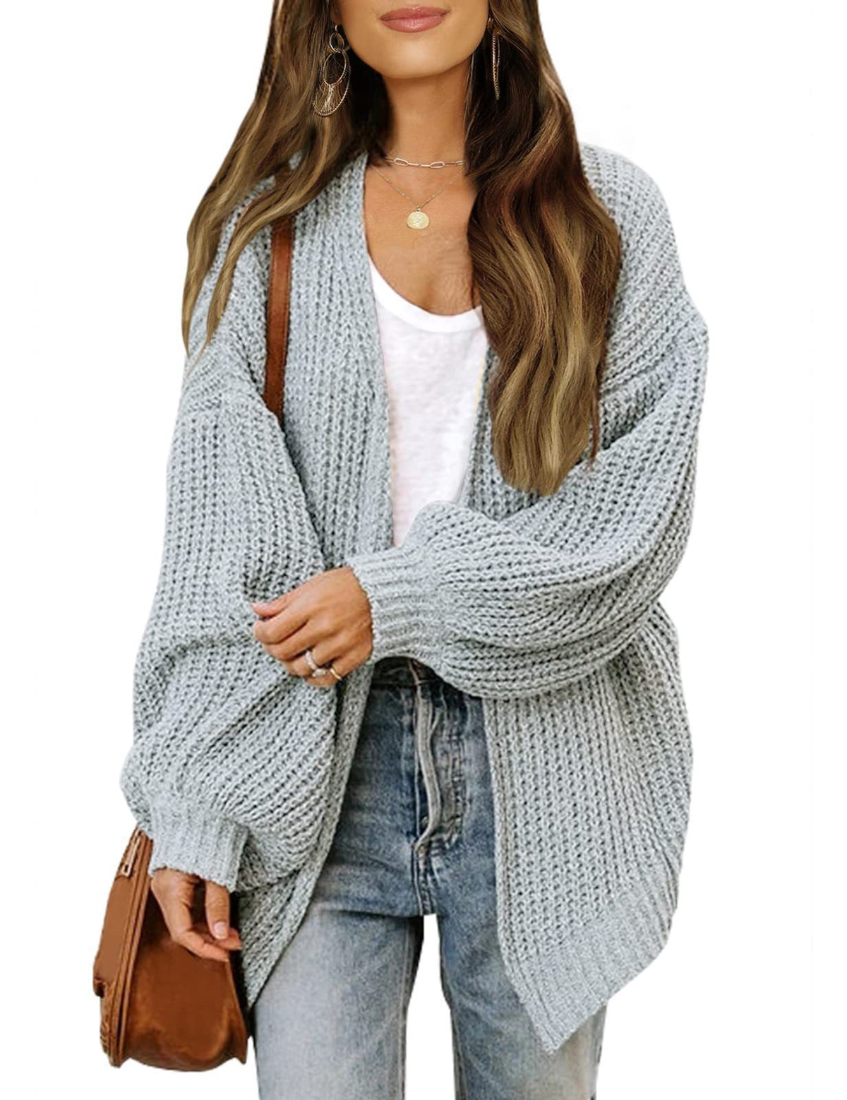 Cardigan med Lantern-ermer - Light grey / S - for Kvinner