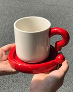 Handmade !? Ceramic Coffee Mug with Saucer - Unique Cute Funny Novelty Mugs