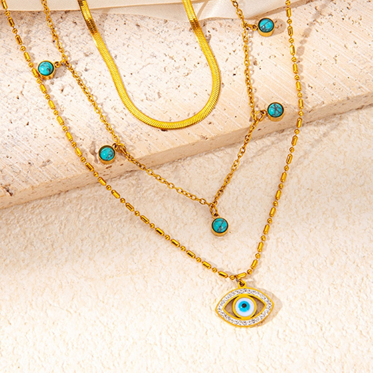 18K Gullbelagt Flerlagskjede med Øye og Diamanter - Trendy Design