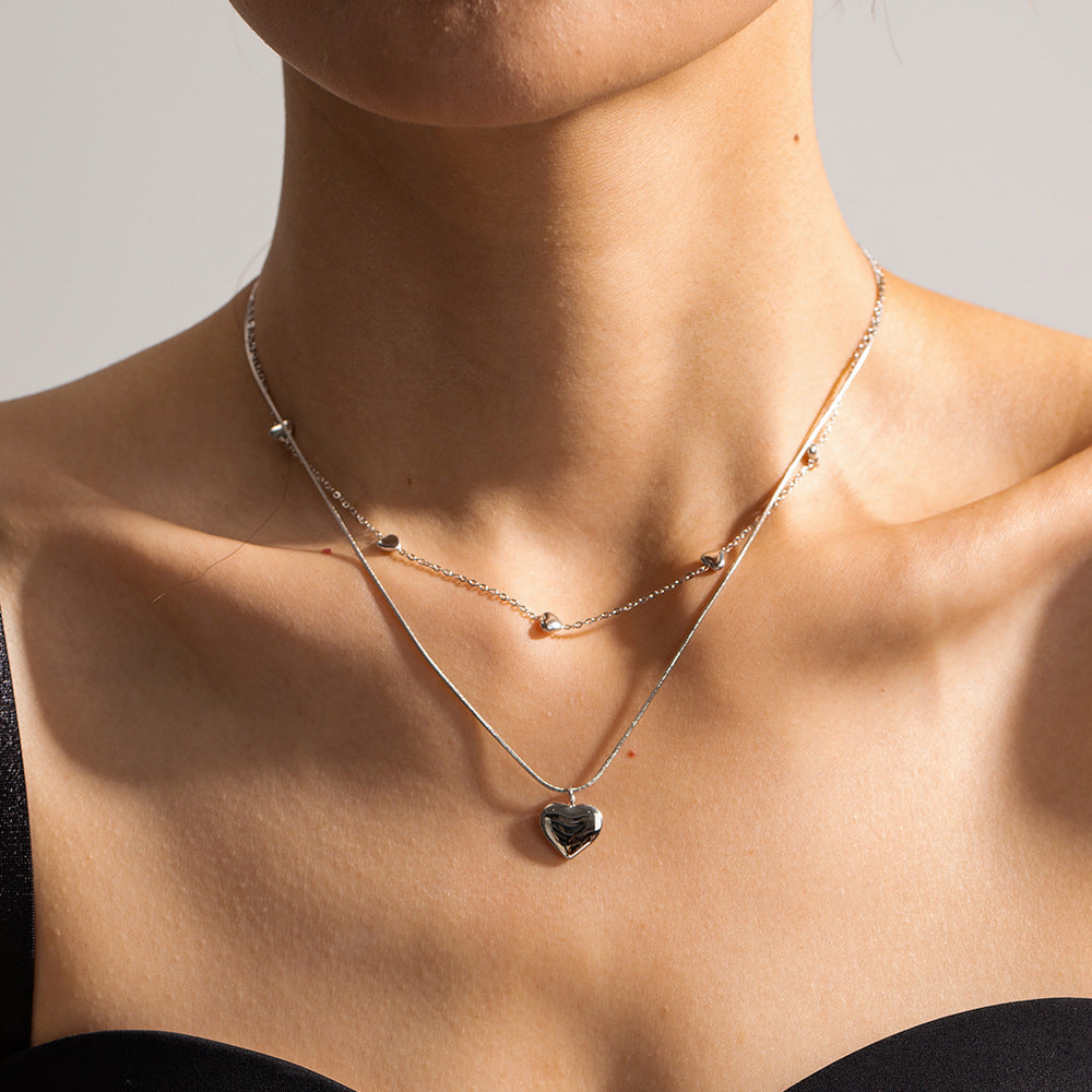 Halskjede Dame 18K gullbelagt- Dobbelt Lag Hjerte Design Allsidig Silver