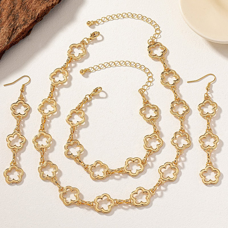 Smykkesett Dame 18K gullbelagt - Hollow Flower Armbånd Halskjede Øredobber Set