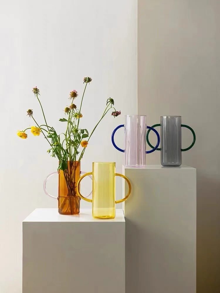 Dopamin Glass Blomster Vases med Håndtak – Lekfull Midtpunktvase