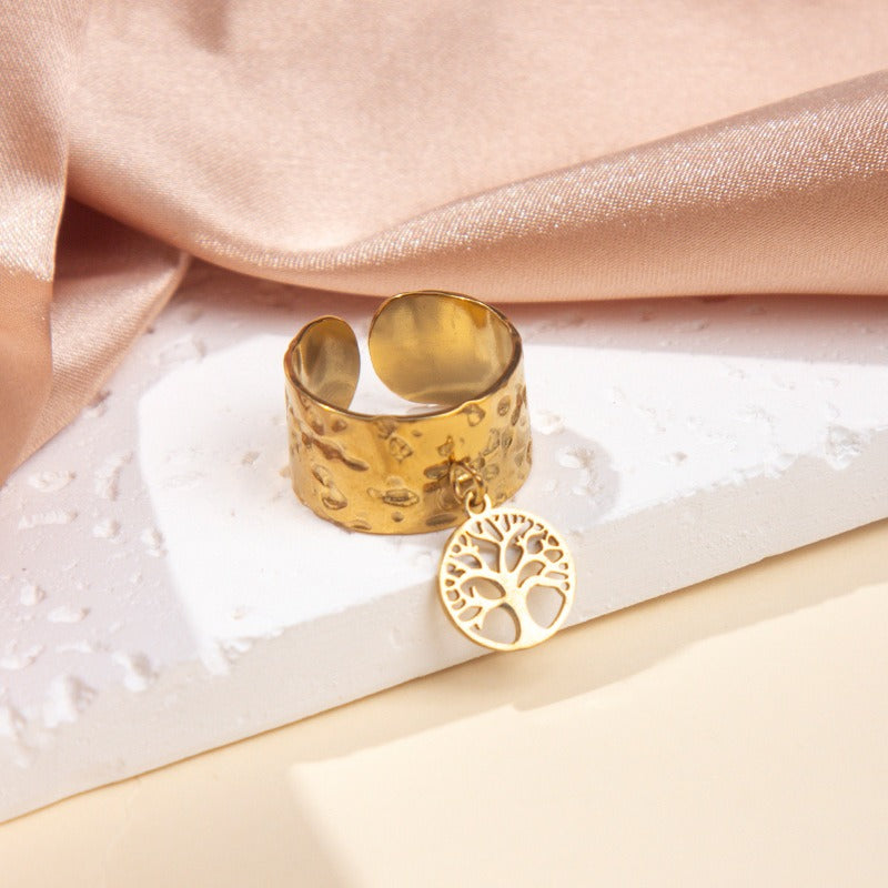 Gullbelagt Ring 18K med Anheng - Titanstål Design Ring N Adjustable