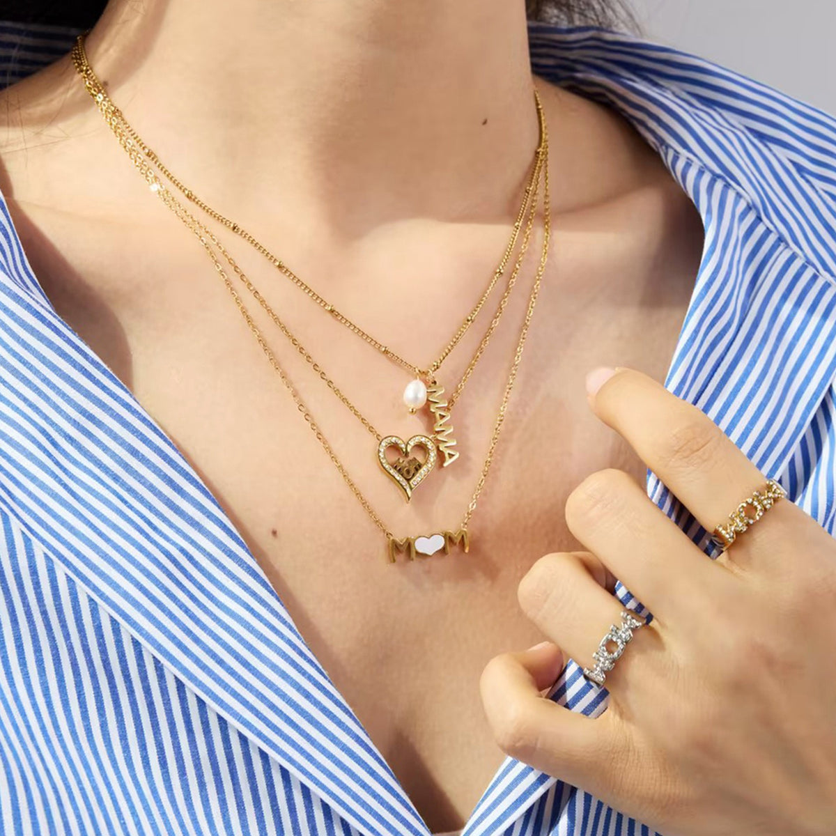 Halskjede og Ring Sett Dame 18K gullbelagt - MOM Hjerte Design med Zirkon