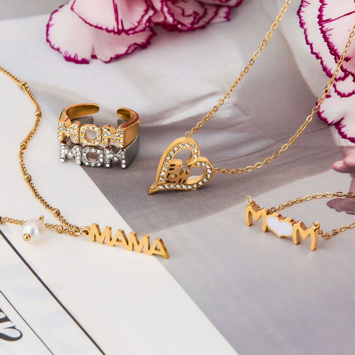 Halskjede og Ring Sett Dame 18K gullbelagt - MOM Hjerte Design med Zirkon