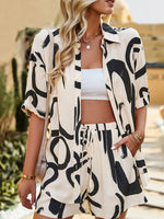 Women's Casual Fashion Abstract Irregular Printing Short Sleeve Shorts Two-Piece Set Cracker khaki