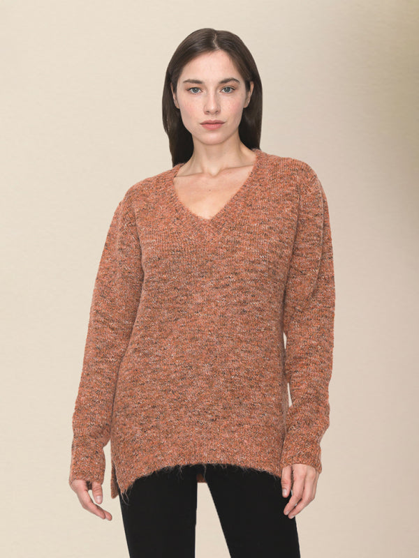 Casual damegenser med løs V-hals RP0023558 - Brown / S - Genser