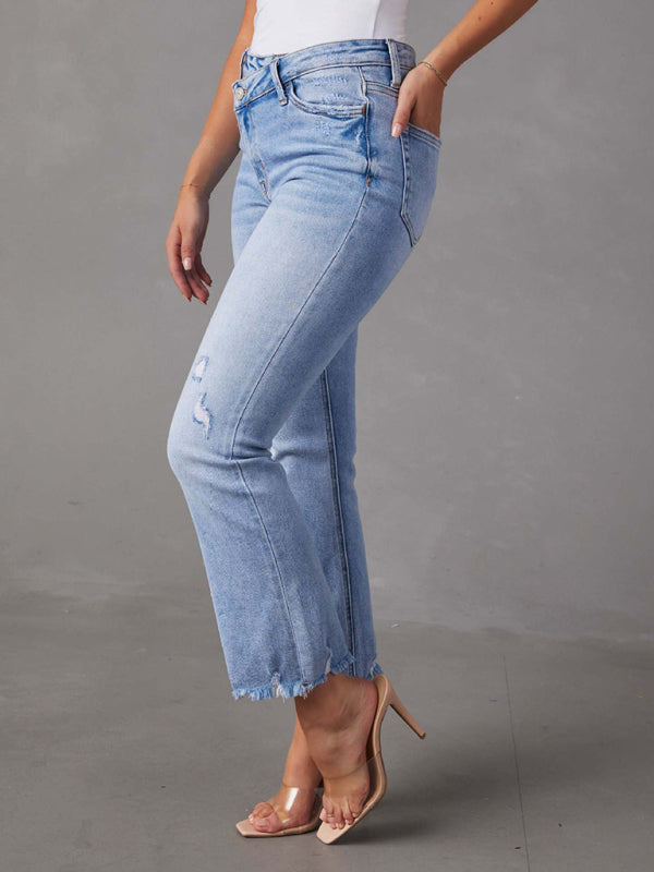 Enkle lyse jeans dame med rifter - casual stil - Bukse