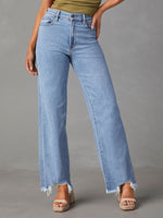 Løse rette jeans dame med frynser - casual mote - Clear blue / S - Bukse