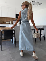 New Sleeveless Long Tie Waist Single Breasted Denim Dress