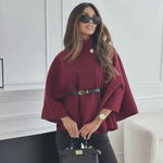 MUJER poncho dame med belte – svart capejakke vinter 2025 | Elegant ytterplagg