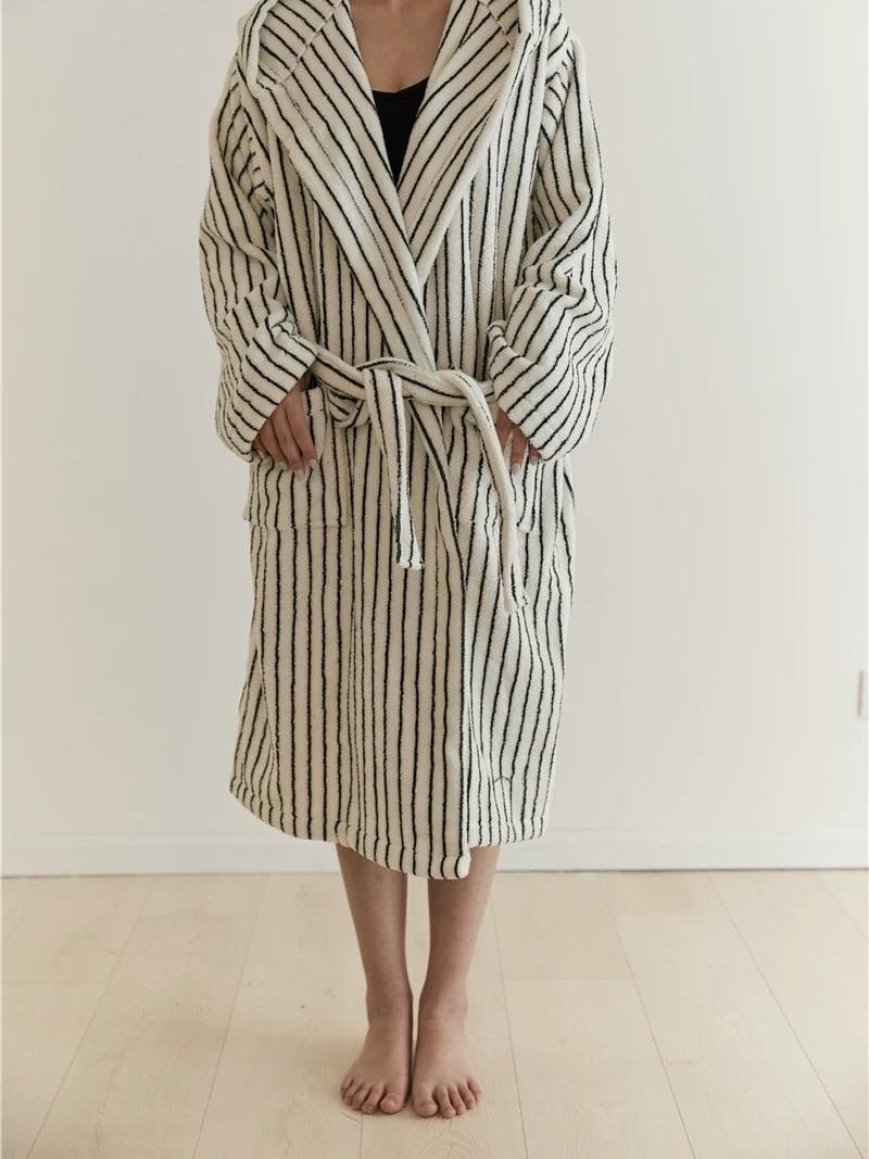 Retro 100% ORGANIC Long-stapled Cotton Hooded Stripe Bath Robe - Trendyglobal 