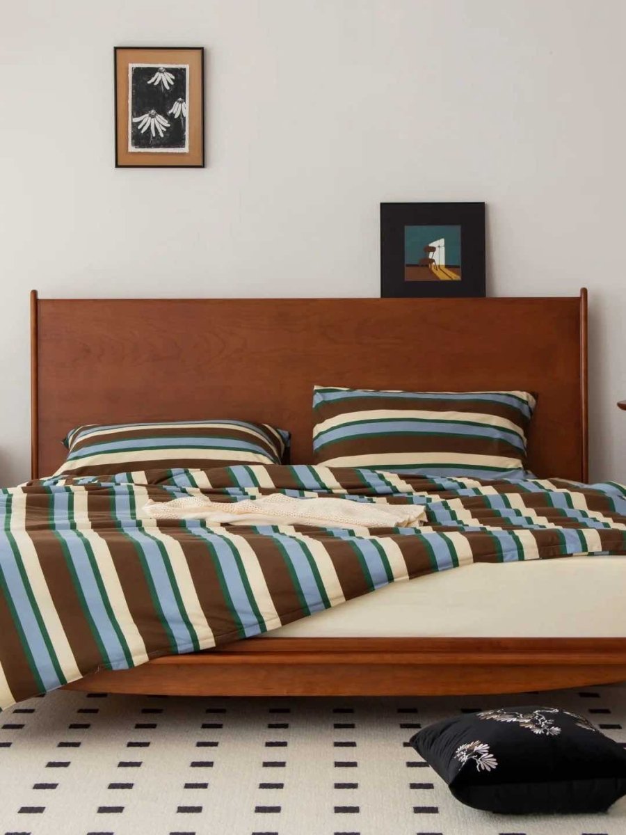 Retro Earthy Tone Stripe Duvet Cover Set with Pillowcases, 100% Cotton